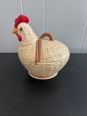 Vintage ceramic Hen Covered Dish in Cream and Red